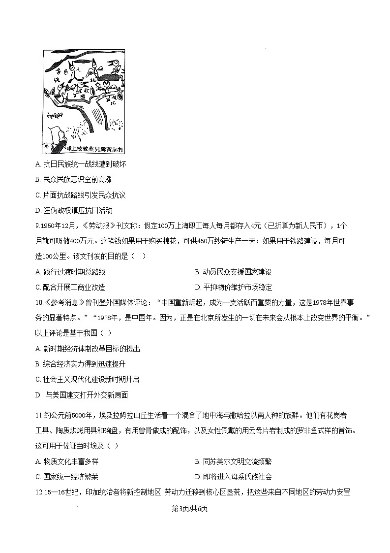 2025年1月河南省普通高等学校招生考试适应性测试(八省联考)历史试题无答案第3页