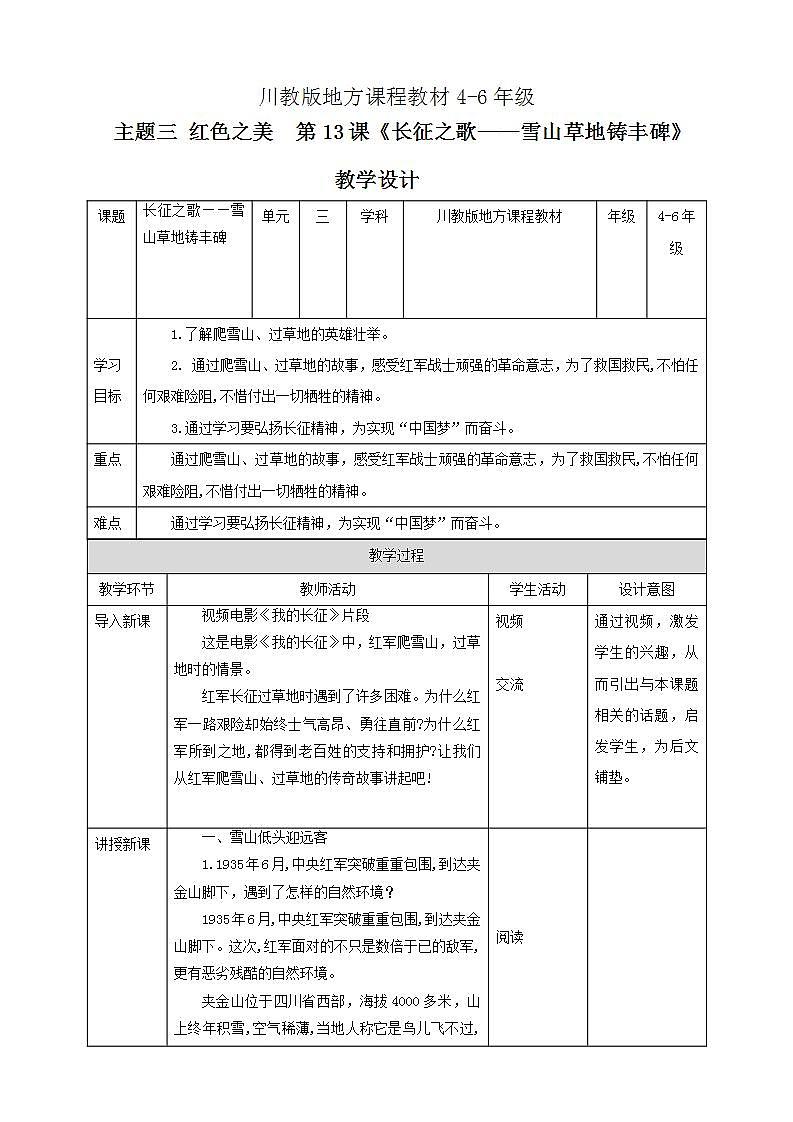 可爱的四川 四至六年级 第13课《长征之歌—雪山草地铸丰碑》PPT课件+教案+视频素材01
