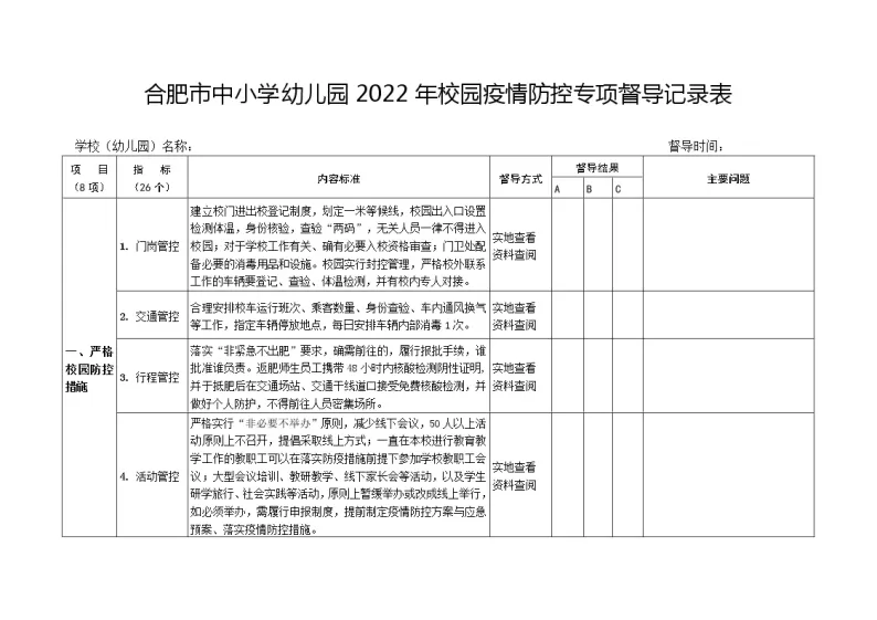 中小学幼儿园2022年校园疫情防控专项督导记录表【评分细则】 练习01