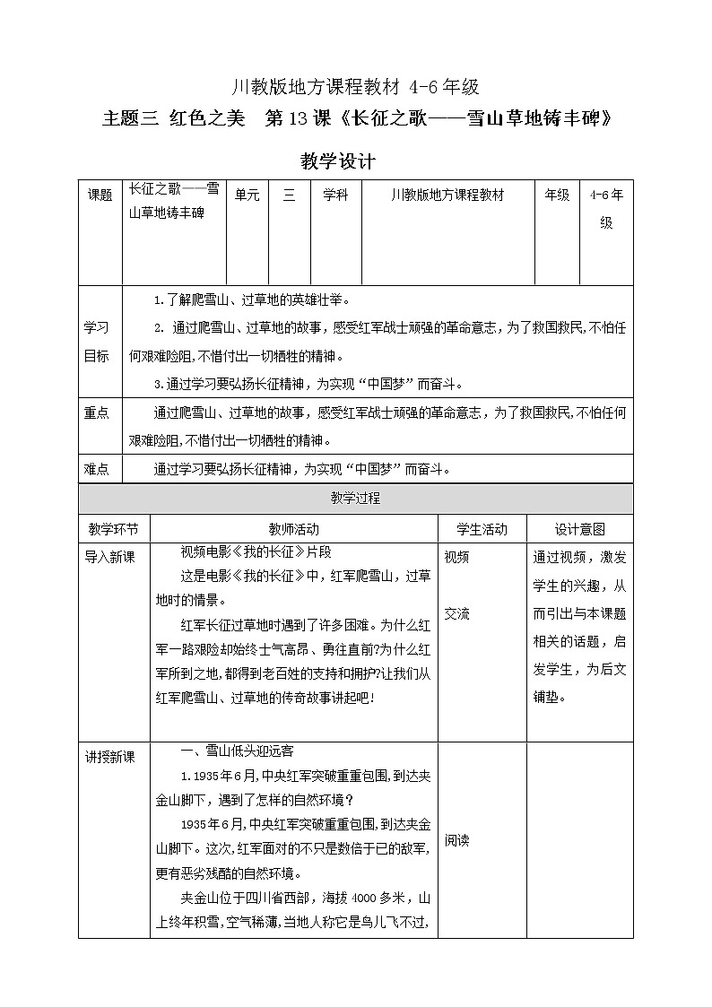 川教版4-6可爱的四川 13 长征之歌—雪山草地铸丰碑 课件+教案+素材01