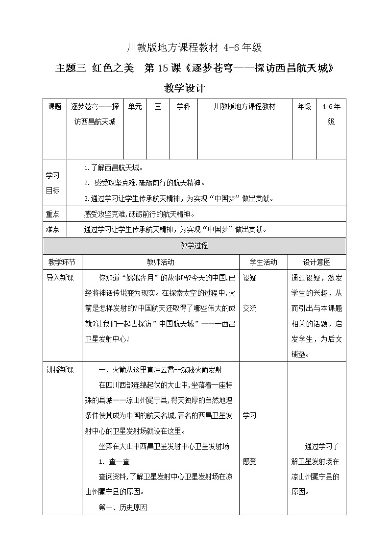 川教版4-6可爱的四川 15 逐梦苍穹—探访西昌航天城 课件+教案+素材01