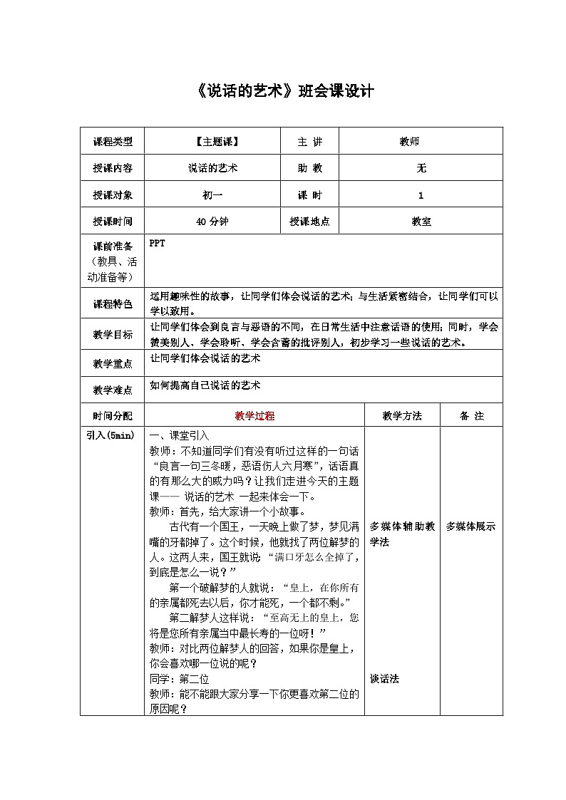 《说话的艺术》主题班会教学设计01