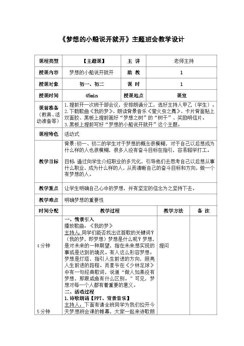 《梦想的小船说开就开》主题班会教学设计01