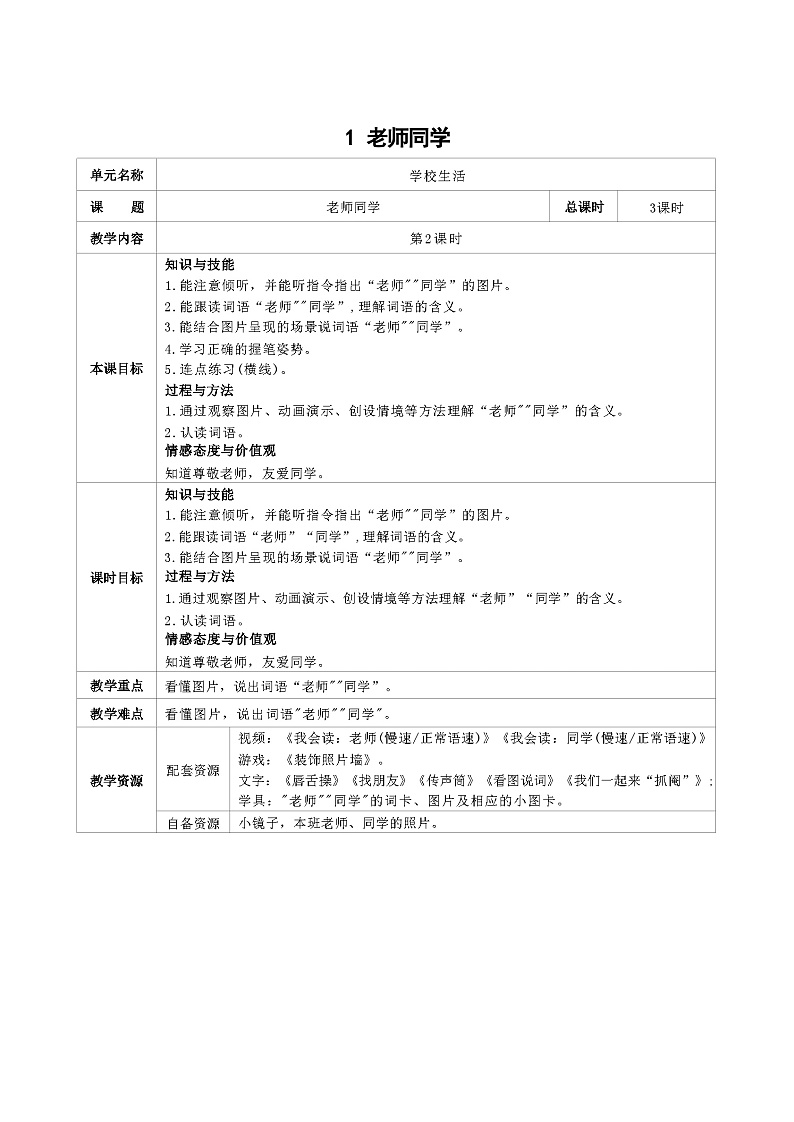 培智生活语文一年级上册第1课《老师同学》第2课时教案第1页