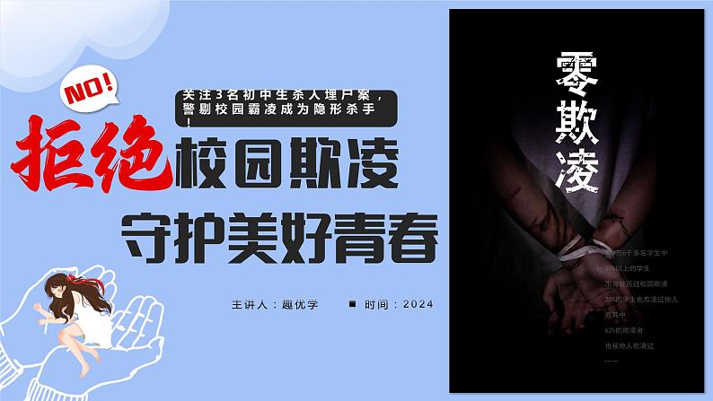 《拒绝校园欺凌,守护美好青春》初中预防校园欺凌主题班会课件第1页