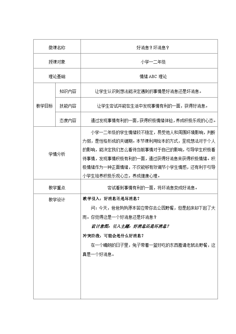 心理健康主题班会  好消息坏消息 教学设计