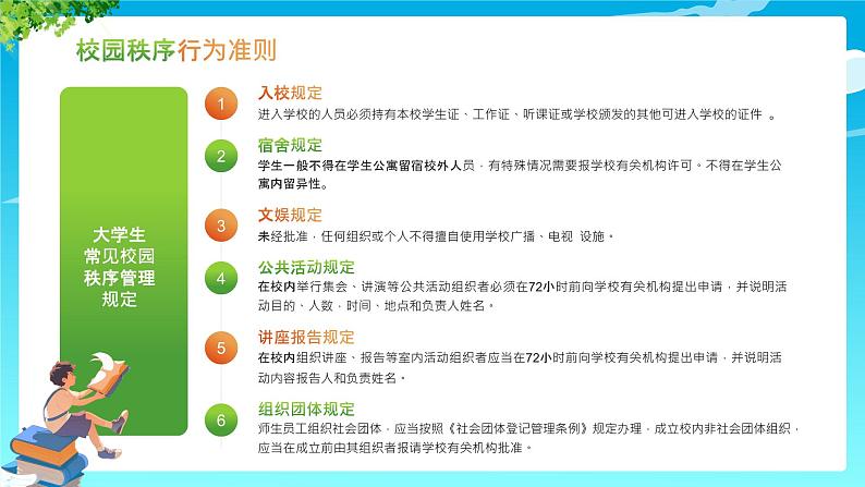 蓝色卡通风大学生开学第一周规矩第一课PPT模板04