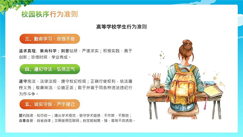 蓝色卡通风大学生开学第一周规矩第一课PPT模板06