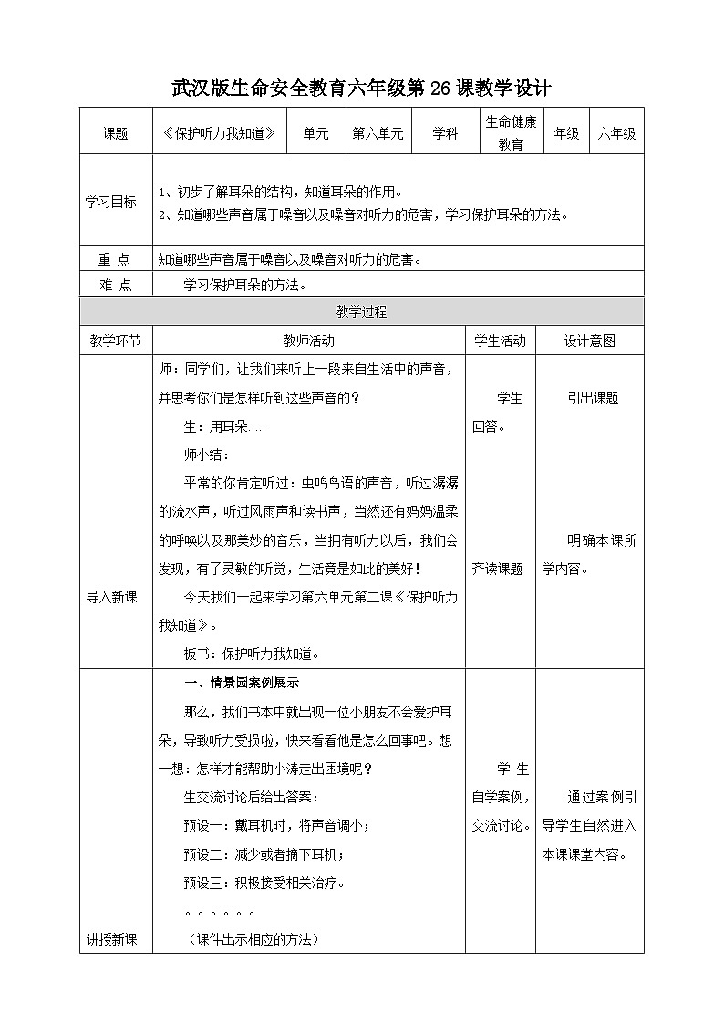 武漢版生命生態(tài)安全【武漢版】《生命安全教育》六年級 第26課《保護聽力我知道》教案第1頁