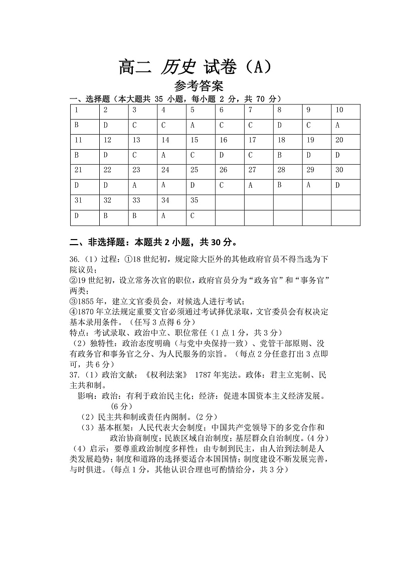 高二历史(A)答案第1页