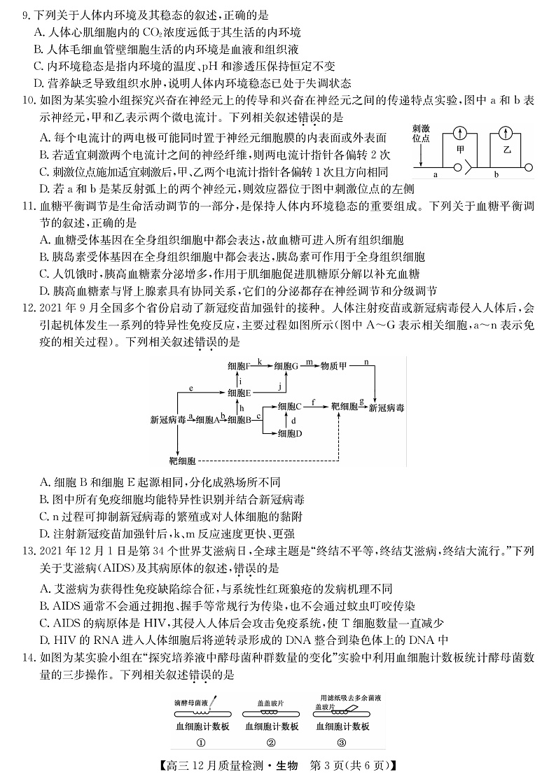 22届九师联盟12月质量检测(老高考)-生物第3页