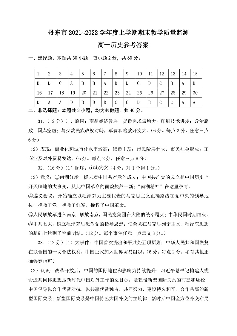 辽宁省丹东市2021-2022学年高一上学期期末教学质量监测历史试题PDF版含答案01