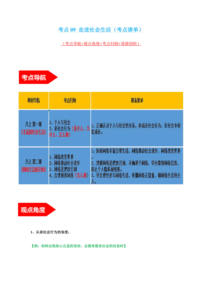 2022年中考道德与法治第一轮夯实基础靶向复习 考点09+走进社会生活(考点清单)第1页