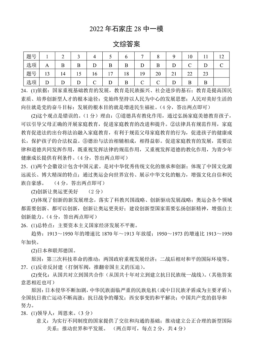 2022年石家莊市二十八中中考一模文綜答案第1頁(yè)