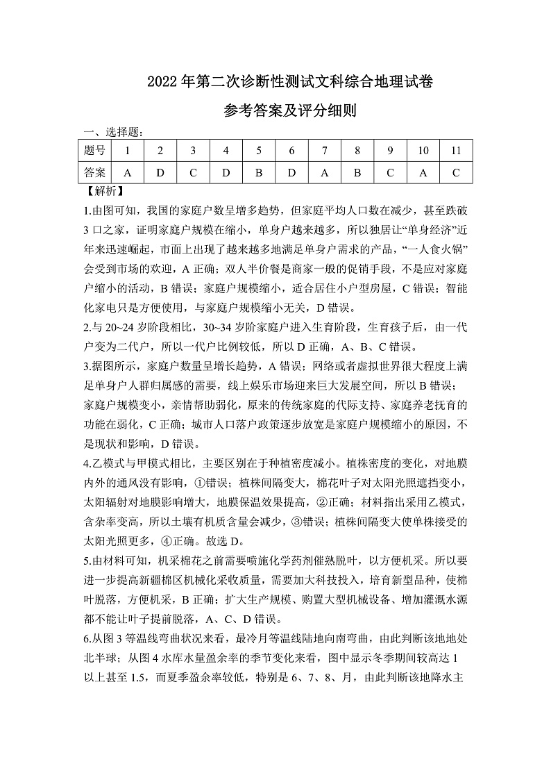 (地理答案) 2022年高三年级第二次诊断性测试第1页