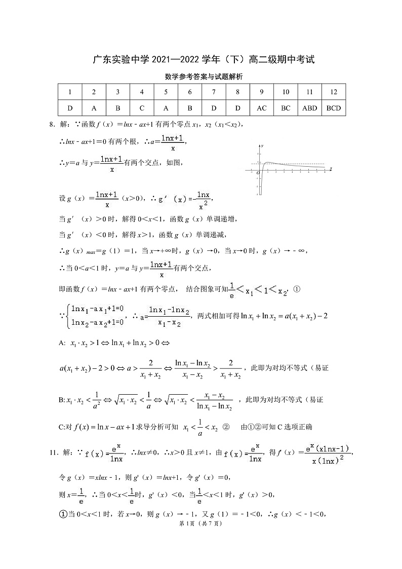 2022广东实验中学高二下学期期中考试数学PDF版含答案(可编辑)01