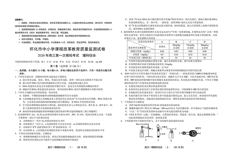 2020年理科一模第1页