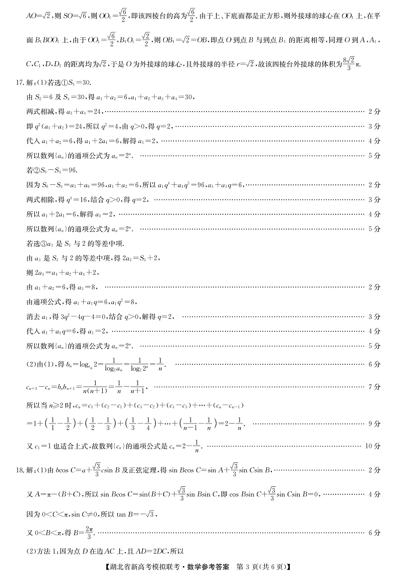 湖北省2020-2021学年高三下学期新高考模拟联考数学试题答案第3页