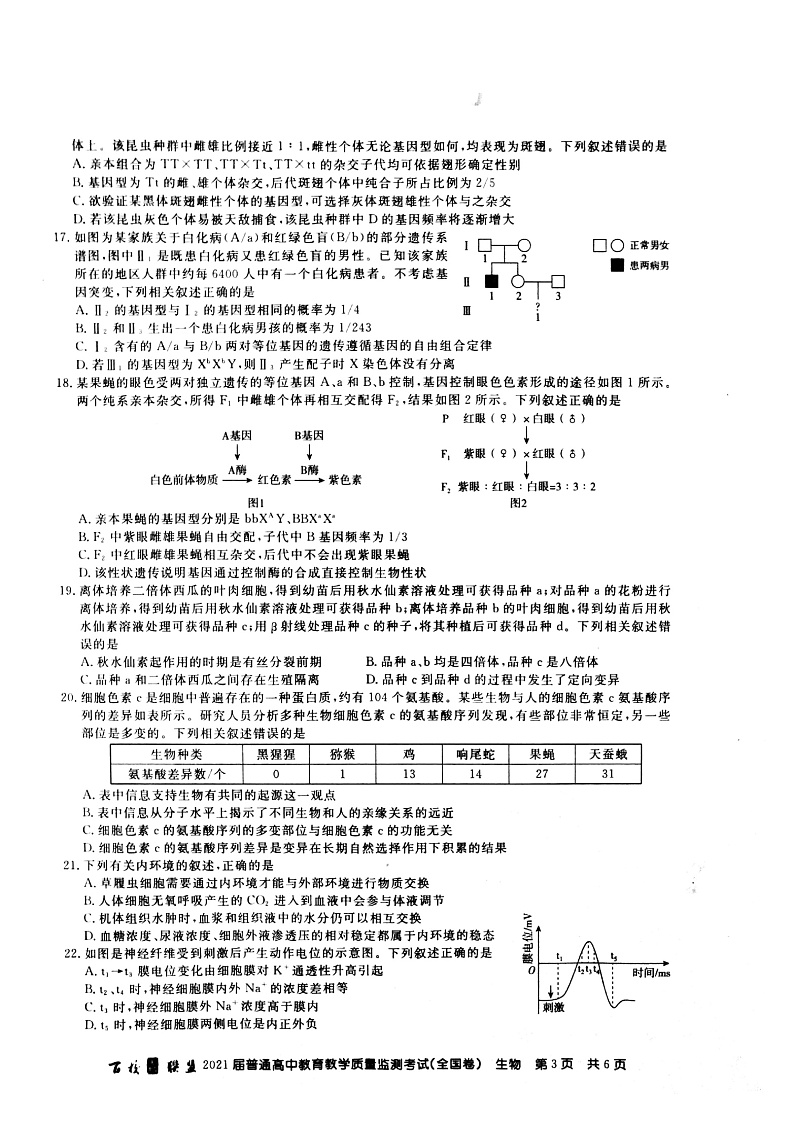 百校联盟2021届旧高考9月份联考生物试题Doc1第3页