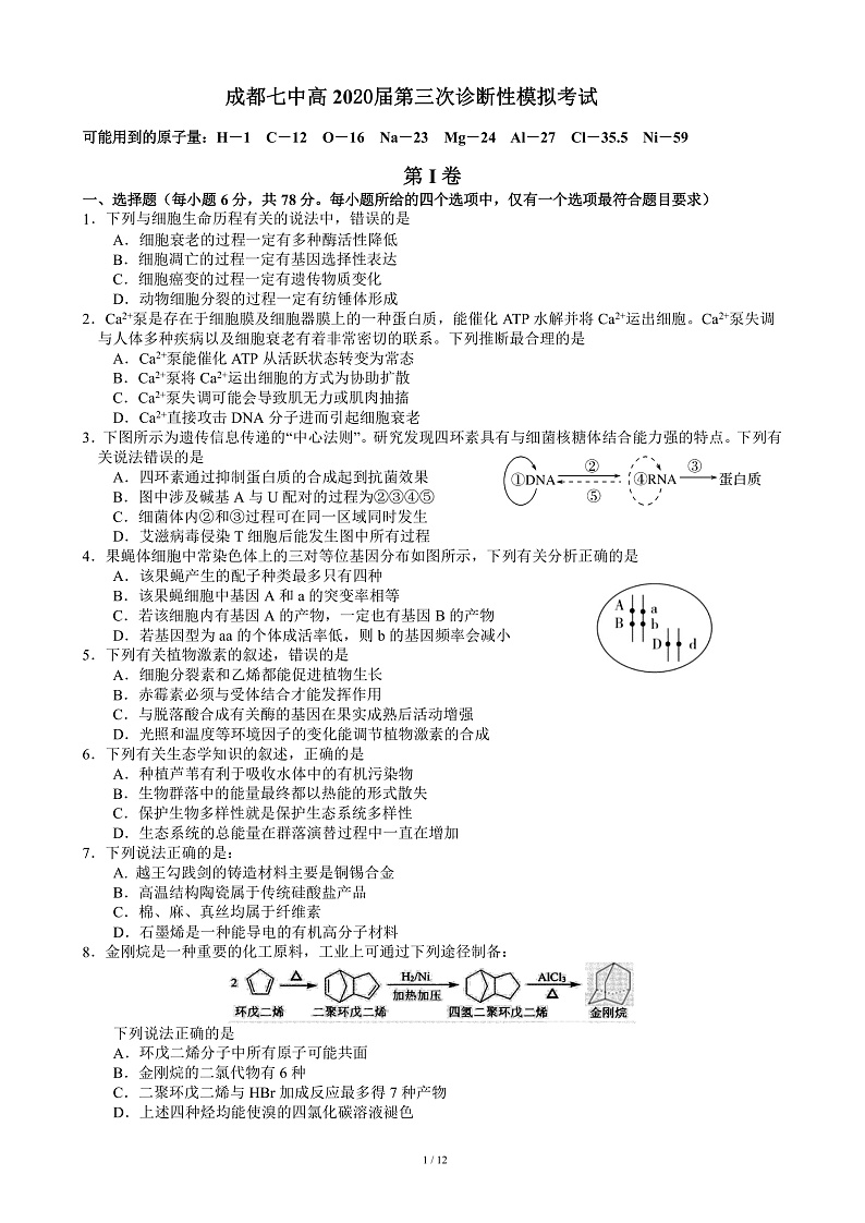 四川省成都七中2020届高三高中毕业班三诊模拟理科综合试题 PDF版含答案第1页