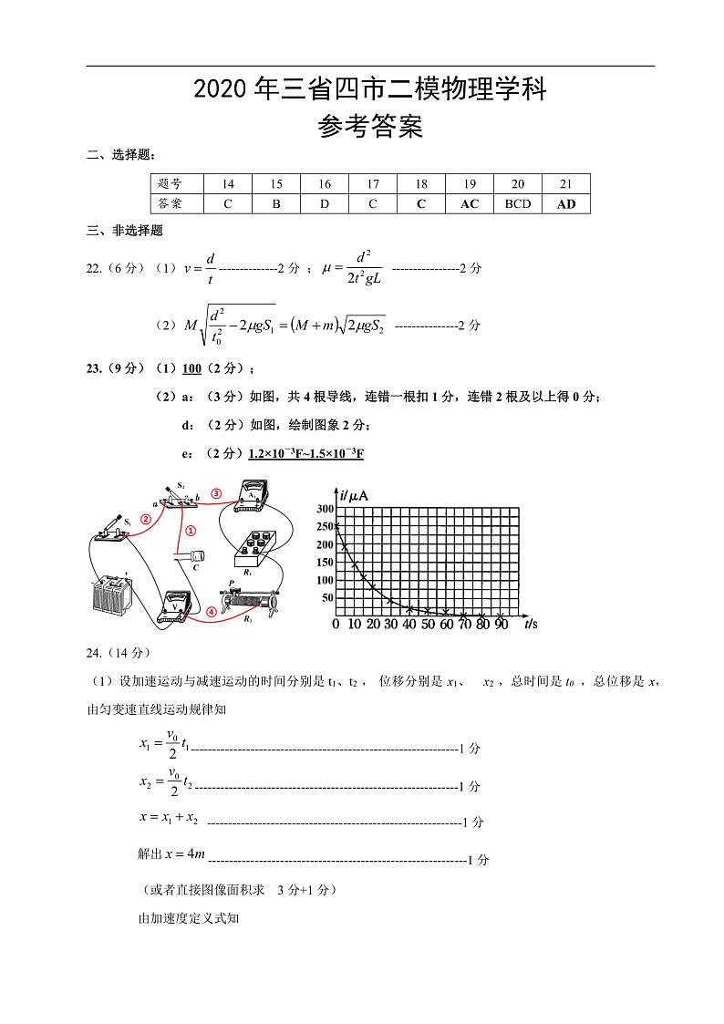 2020年三省四市二模物理学科参考答案第1页