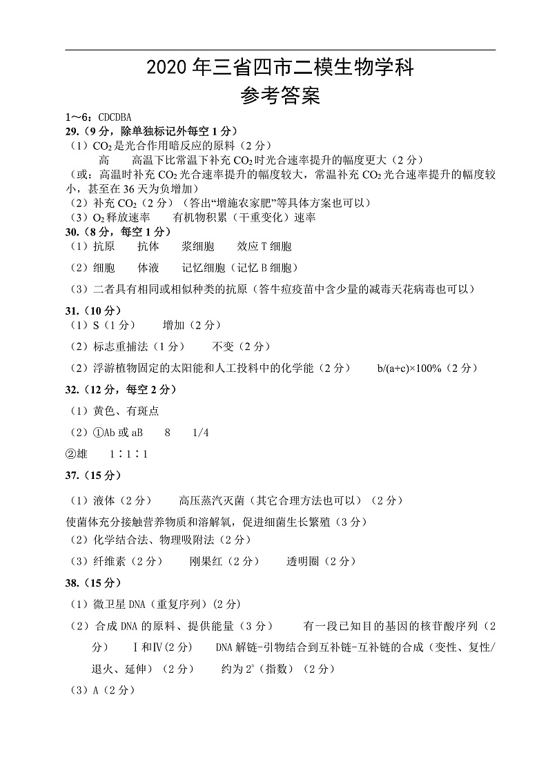 2020年三省四市二模生物学科参考答案第1页