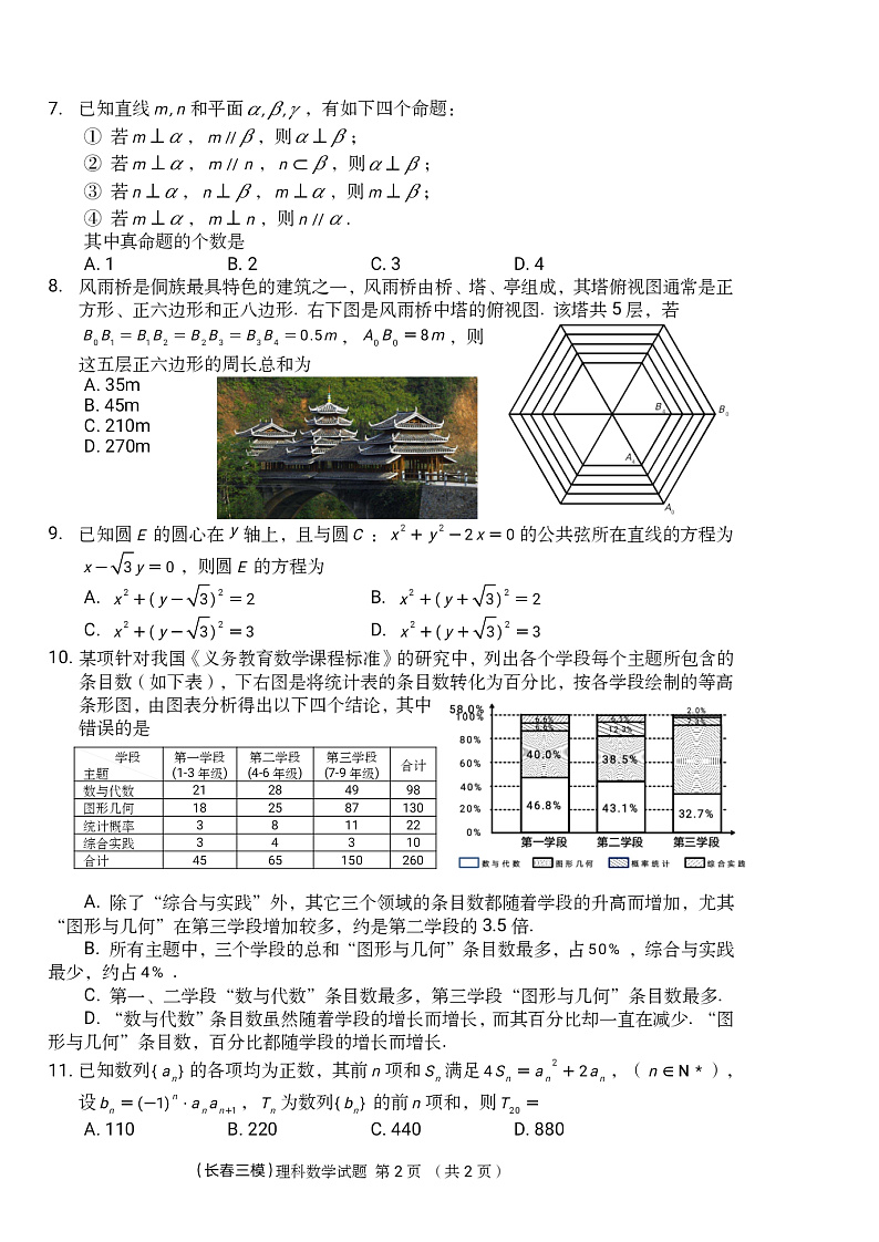 吉林省长春市普通高中2020届高三质量监测(三)(三模)理科数学试题 PDF版含答案第2页