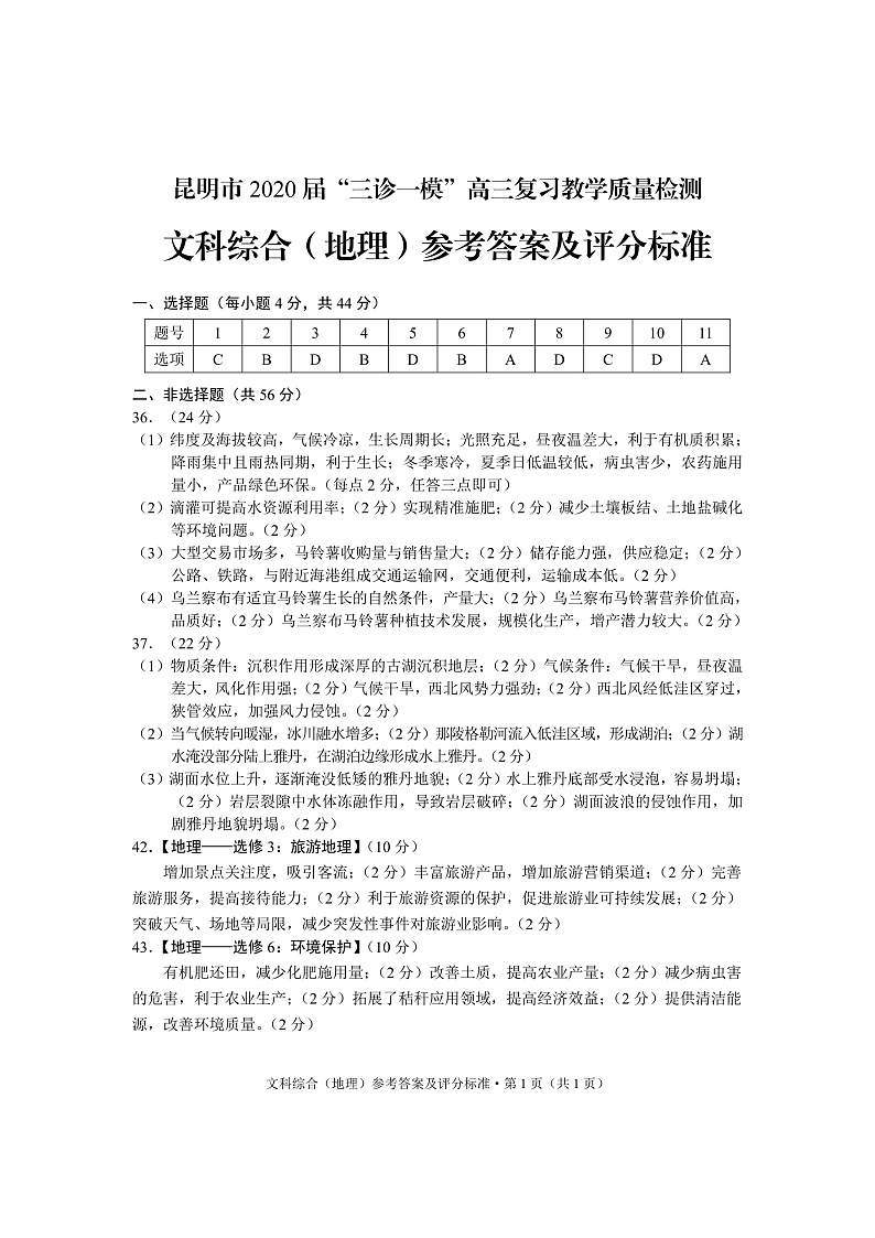 2020昆明高三“三诊一模”教学质量检测文科综合试题PDF版含答案01