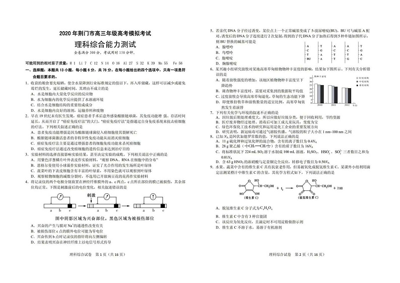 湖北省荆门市2020届高三年级高考模拟考试理科综合试题(扫描版)第1页