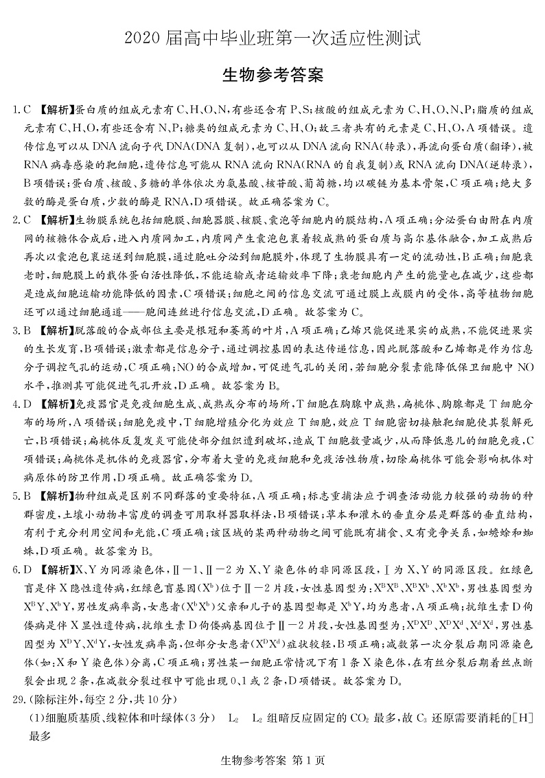 2020届高中毕业班第一次适应性测试答案-理综第1页