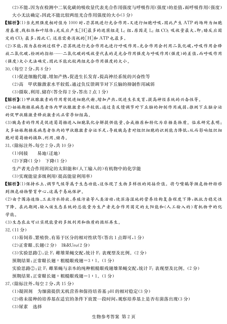 2020届高中毕业班第一次适应性测试答案-理综第2页
