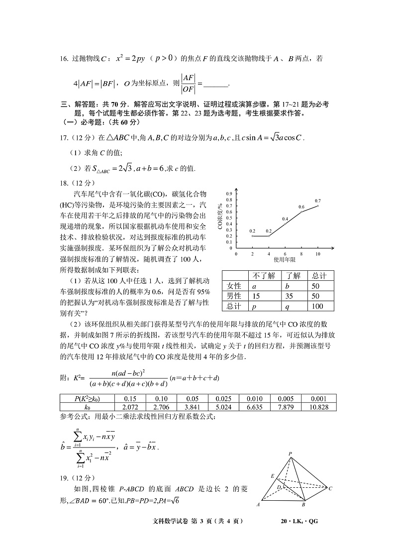全国大联考2020届高三4月联考文科数学试题 PDF版含答案第3页