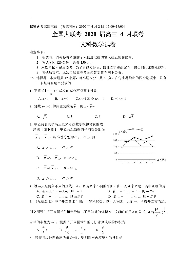 全国大联考2020届高三4月联考文科数学试题 Word版含答案第1页