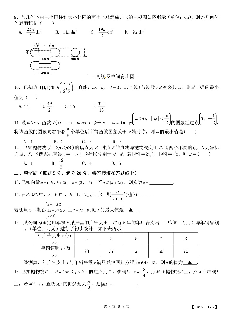 安徽省十校联盟2020届高三线上自主联合检测数学(文)试题LMY-GK(PDF版)第2页