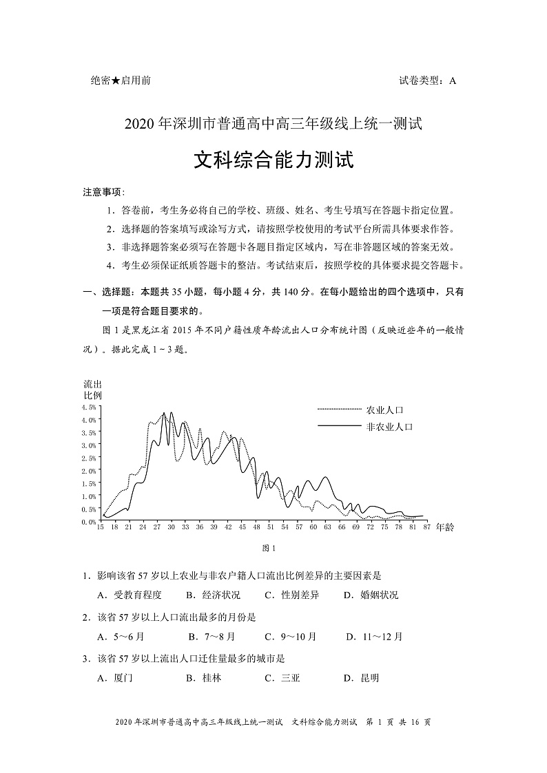 广东省深圳市普通高中2020届高三下学期线上统一测试文综试题 PDF版含答案第1页