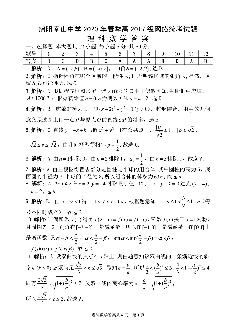 四川省绵阳南山中学2020届高三3月网络考试数学(理)答案第1页