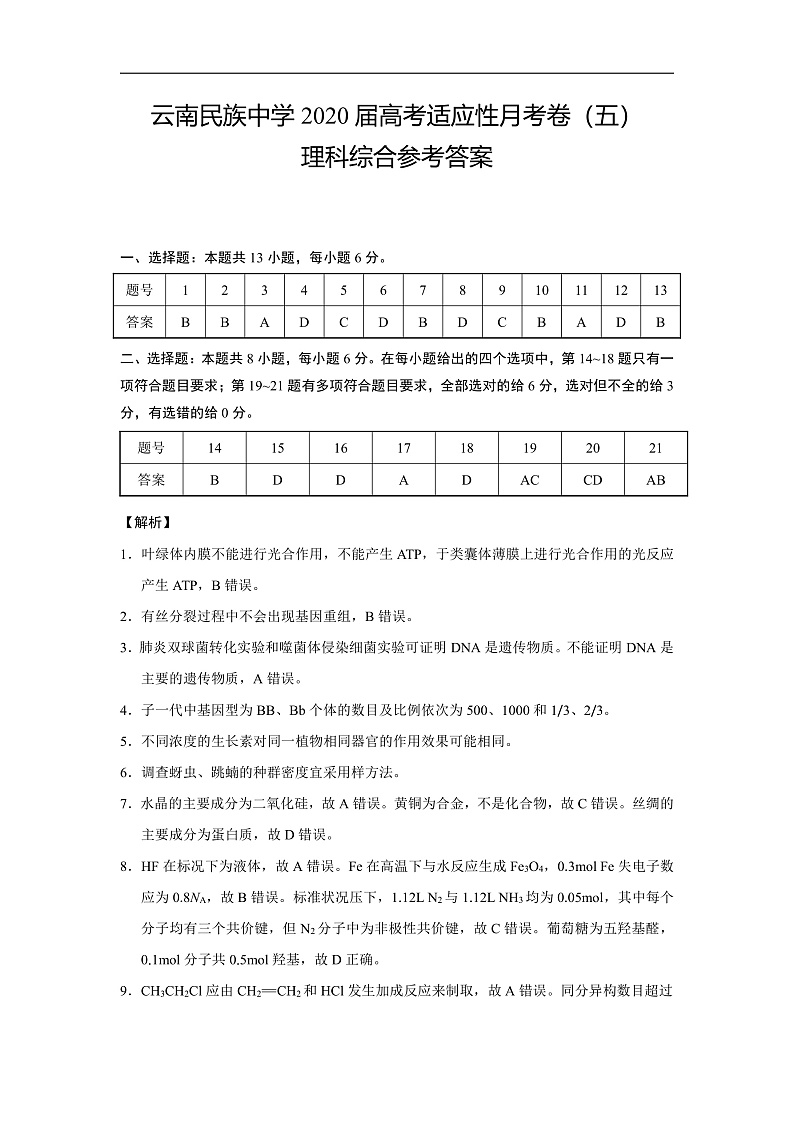 云南民族中学2020届高考适应性月考卷(五)理综-答案第1页