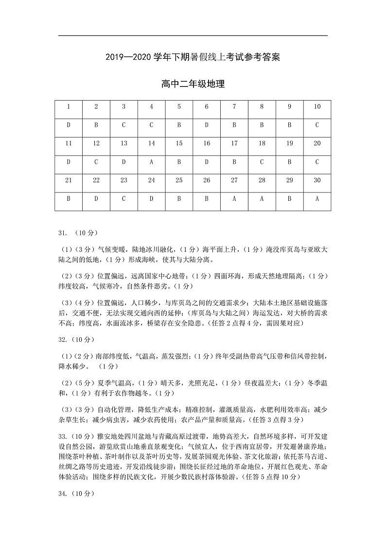 2020河南省淮滨高中高二下学期暑假线上考试(二)地理试题PDF版含答案01