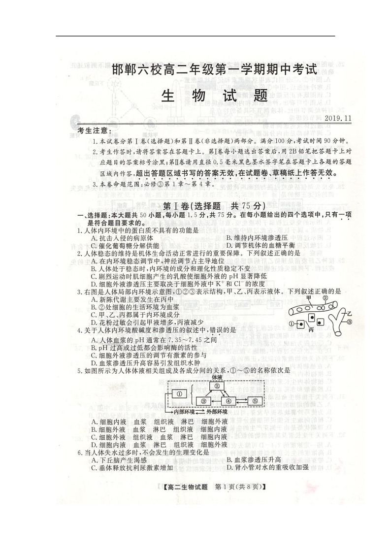 河北省邯郸市六校(大名县、磁县等六县一中)2019-2020学年高二上学期期中考试生物试题 扫描版含答案第1页