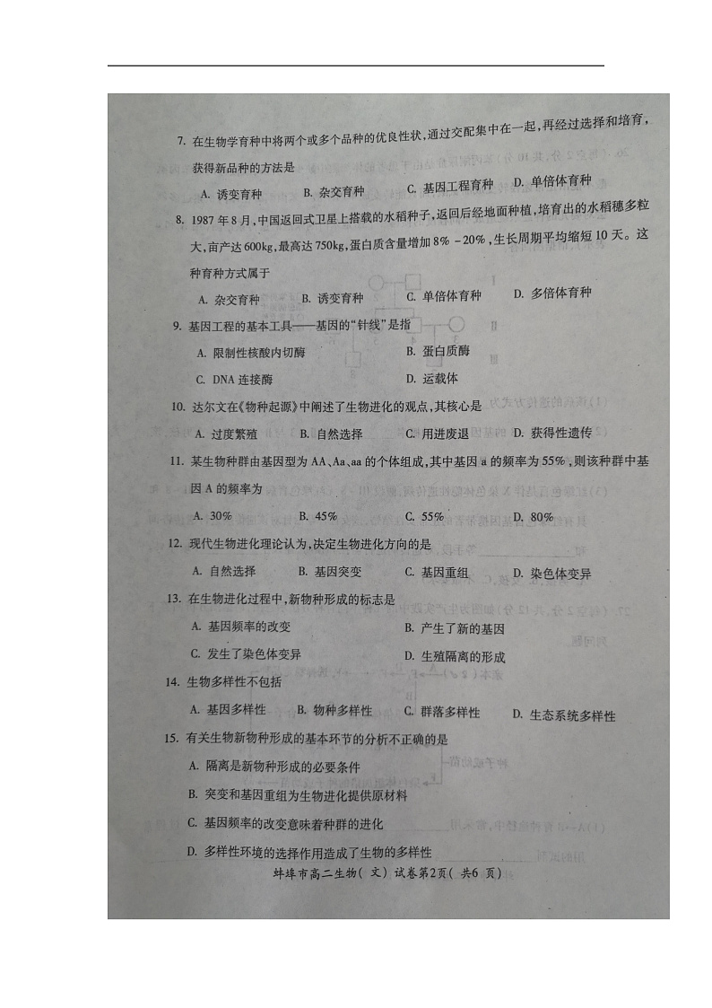 安徽省蚌埠市2019-2020学年高二上学期期末考试生物(文)试题 扫描版含答案第2页