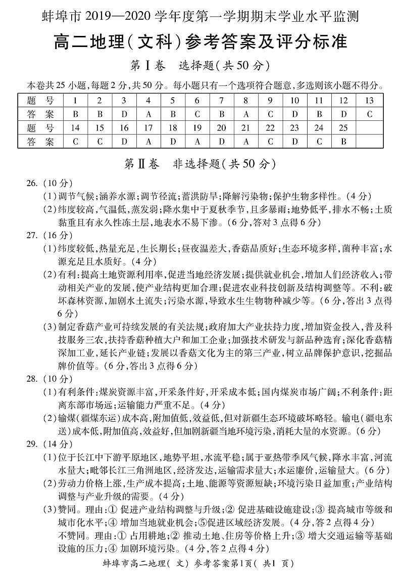 安徽省蚌埠市2019-2020学年高二上学期期末考试地理(文)答案(图片版)第1页