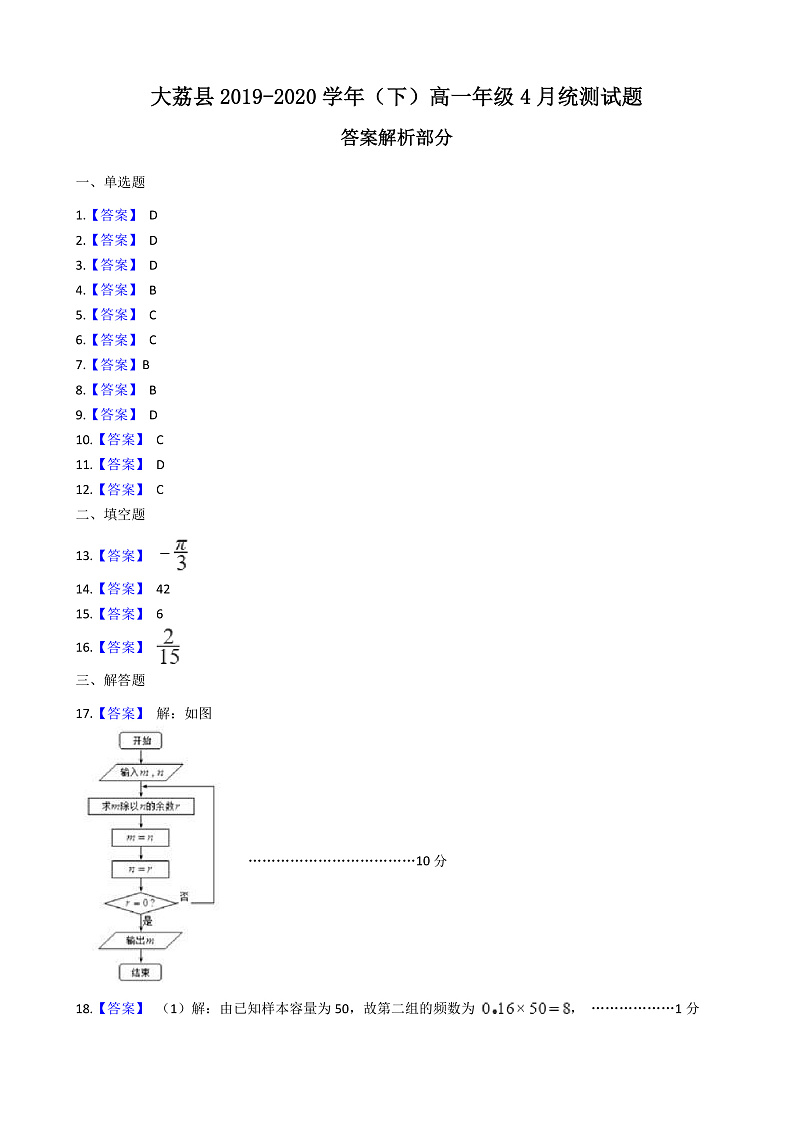 陕西省渭南市大荔县2019-2020学年高一4月统测数学试题 答案第1页