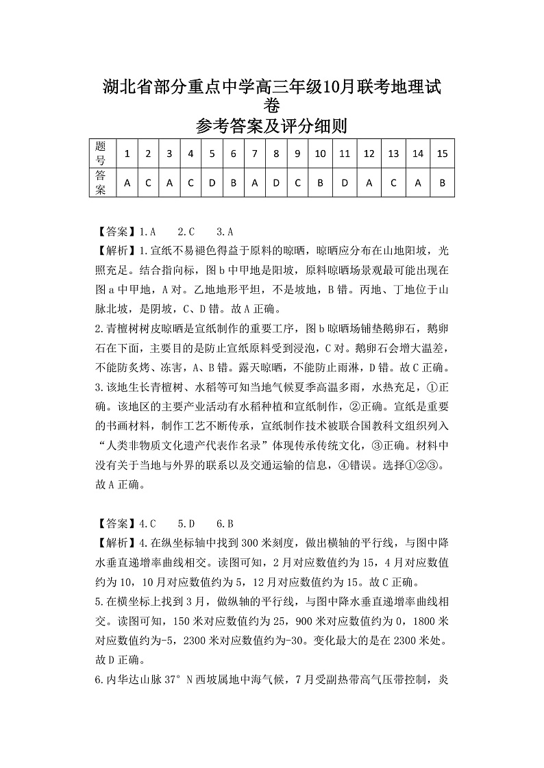湖北省部分重点中学2022-2023学年高三上学期10月联考地理答案第1页