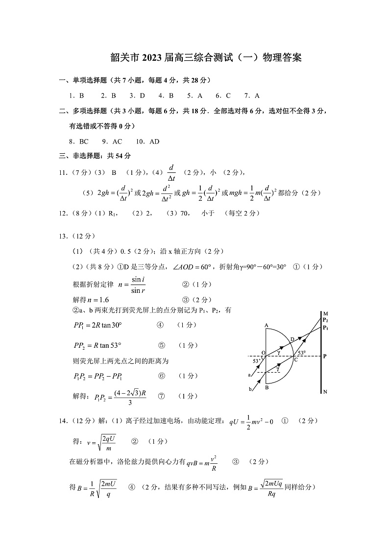 2023届广东省韶关市高三综合测试(一)物理答案第1页