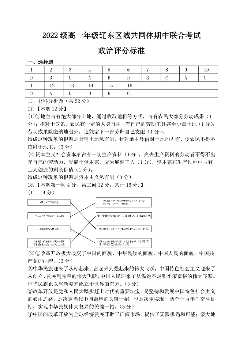 辽宁省辽东区域共同体2022-2023学年高一上学期期中联考政治评分标准第1页