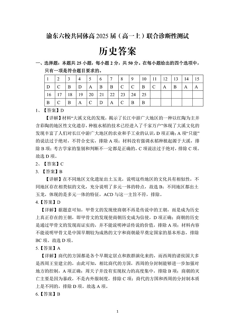 重庆市渝东六校共同体2022-2023学年高一上学期联合诊断考试历史答案第1页