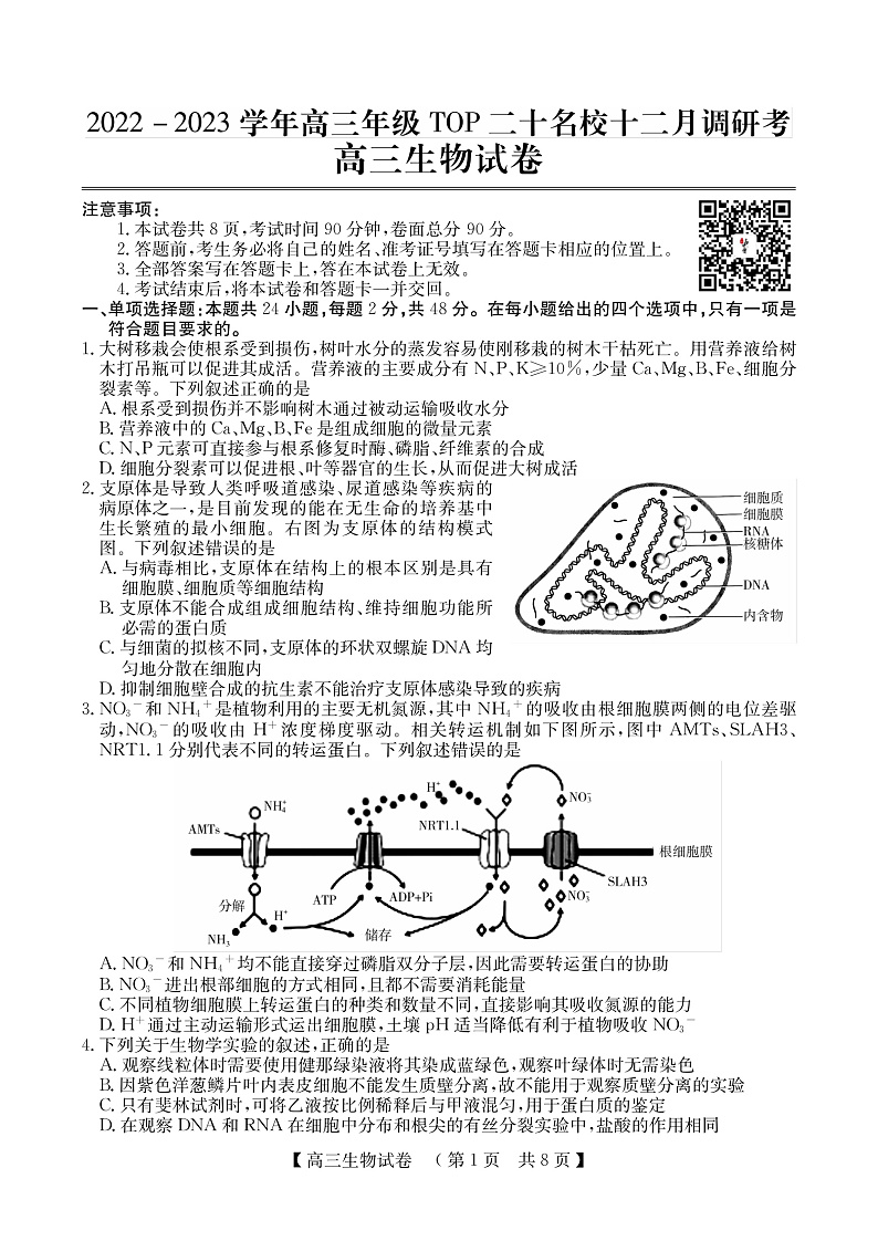 河南省TOP二十名校2022-2023学年高三上学期12月调研考试生物试卷第1页