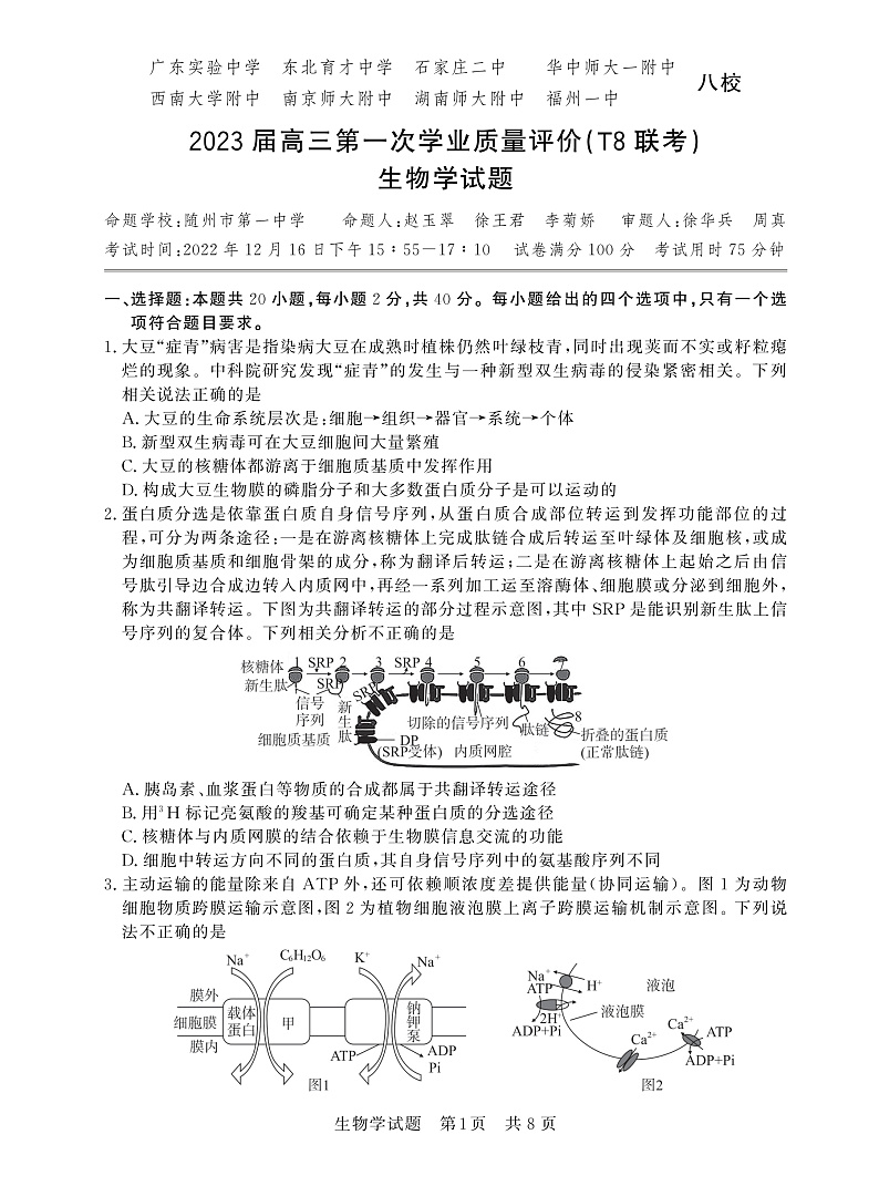 2023八省八校高三第一次学业质量评价(T8联考)生物PDF版含解析 试卷01
