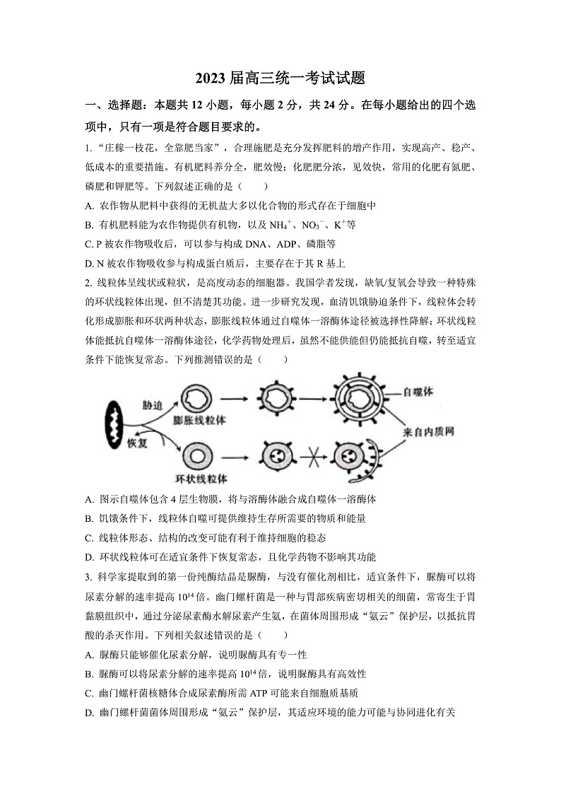 湖南省衡阳市2023届高三上学期第一次统一考试(一模)生物试题(原卷版)第1页