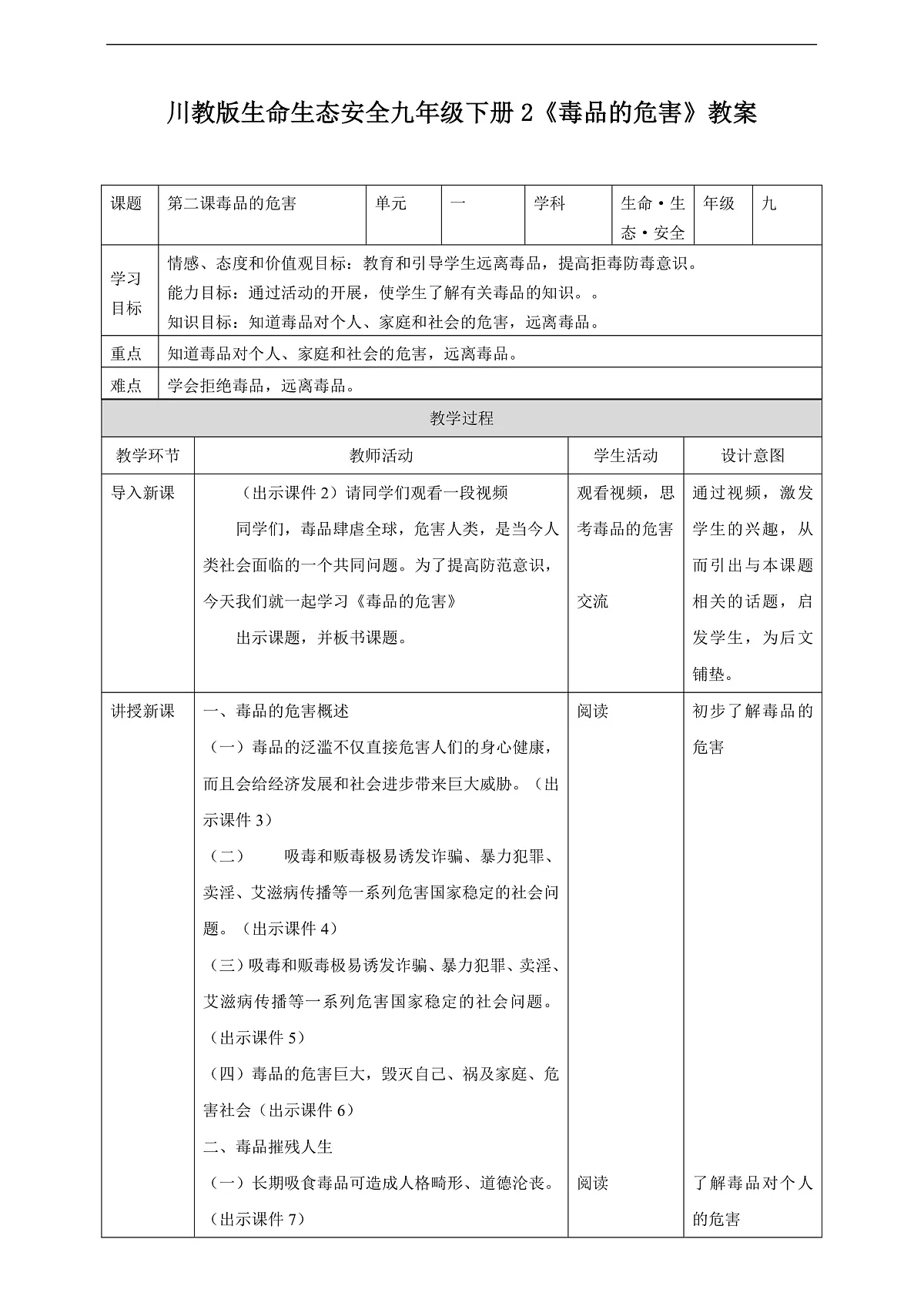 川教版生命生态安全九年级下册2《毒品的危害》 教案第1页